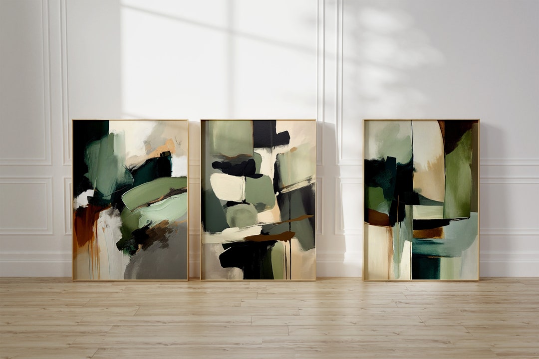 Sage Green Decor Set of 3 Japandi Abstract Art Print Big Textured Wabi ...