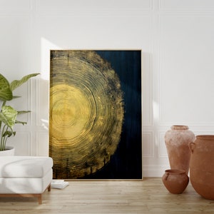 Tree Rings Abstract Print Dark Blue Yellow Tree Stump Canvas Wood Slice Minimalist Scandinavian Wall Decor Nature Aesthetic Poster