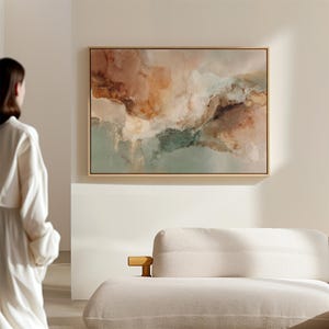 Arte su tela astratta da sogno – Arte murale nei toni delicati della terra in terracotta e acquamarina – Stampa moderna con cornice – Arredamento per la casa neutro e sereno