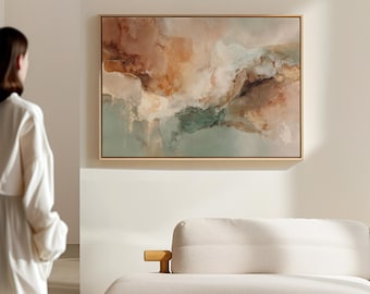 Dreamy Abstract Canvas Art – Soft Earth Tone Wall Art in Terracotta & Aqua – Modern Framed Print – Serene Neutral Home Decor