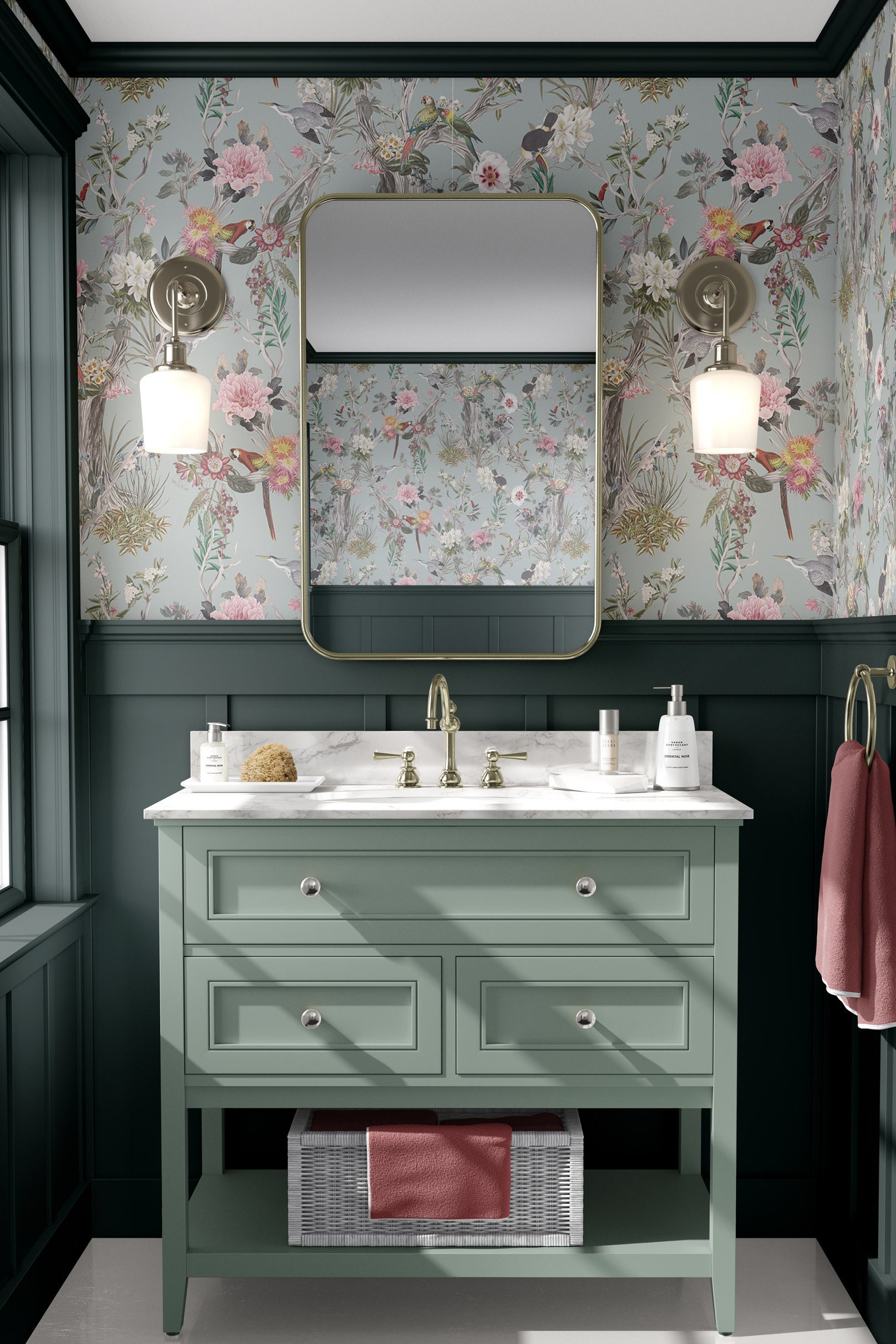 Sage Green Chinoiserie Wallpaper Peel And Stick Tropical Bird Wall Mural Floral Bathroom Wallpaper Botanical Nursery Accent Wall