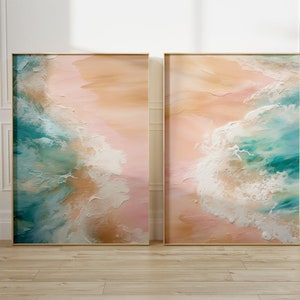 Ocean Waves Beach Room Decor Set of 2 Abstract Pink and Teal Prints Tropical Coastal Canvas Art Turquoise Blush Aerial Painting