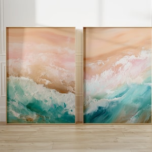 Conjunto de 2 pôsteres de praia costeira, oceano, rosa e azul-petróleo, abstrato, tela náutica pastel, ondas de verão, pintura aérea, decoração tropical