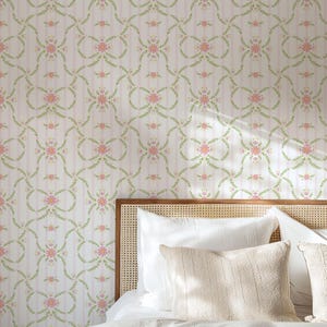 Papel de parede floral rosa suave, removível e autoadesivo, listrado, botânico, com flores silvestres, clássico, estilo cottage, vintage