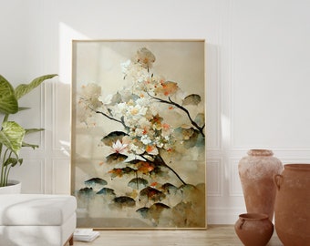 Minimalistische neutrale Japandi kunst beige witte Sakura Japanse muurkunst moderne Wabi Sabi esthetische kamer decor