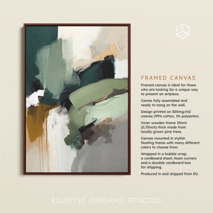 May include: Abstract art print on canvas with green, brown, and white colours. The canvas is framed with a 1.9cm thick wooden frame. "FRAMED CANVAS" text is visible in the image.