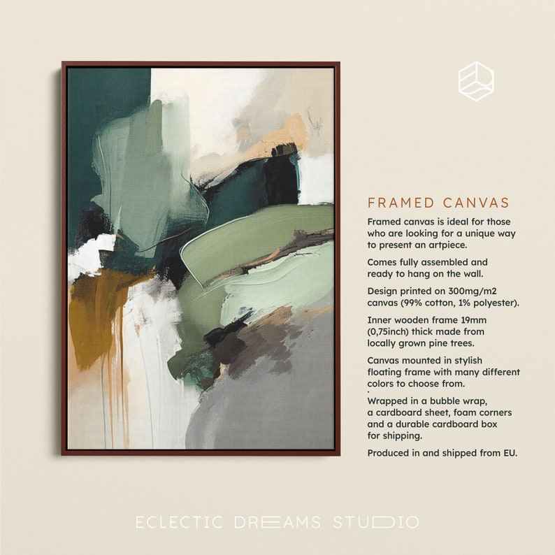 May include: Abstract art print on canvas with green, brown, and white colours. The canvas is framed with a 1.9cm thick wooden frame. "FRAMED CANVAS" text is visible in the image.