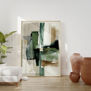 Impression d'art abstrait Japandi beige vert or, art mural neutre Wabi Sabi, grands coups de pinceau texturés, art mural Japandi, déco d'appartement