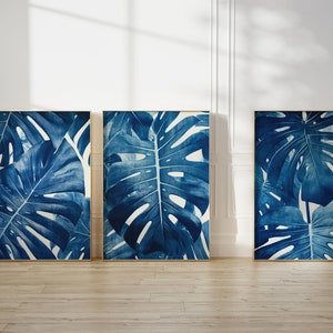 Blue Monstera Leaves Print Set 3 Piece Beach Room Decor Monstera Deliciosa Botanical Wall Art Tropical Coastal Canvas Art