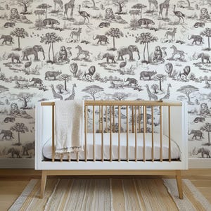 Safari Toile de Jouy Wallpaper Peel and Stick Vintage Animal Wallpaper Safari Nursery Decor African Wallpaper Mural Tropical Accent Wall