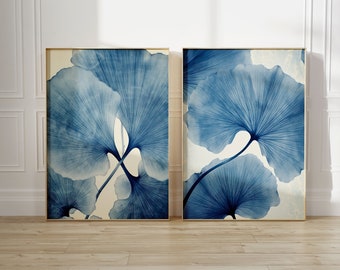 Light Blue Neutral Wall Art Set Of 2 Prints Indigo Botanical Poster Ginko Leaf Trendy Floral Decor Living Room Wall Gallery Set