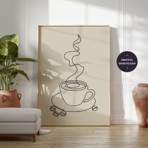 Coffee Line Art, Minimal Coffee Print, Modern Coffee Poster, One Line Art, Printable Coffee Wall Art, Minimalist Wall Art, DIGITAL DOWNLOAD