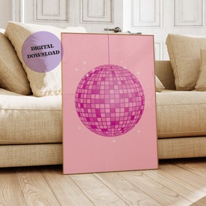 Pink Disco Ball Wall Art, Preppy Pink Wall Art, Trendy Wall Art, Y2K Retro Poster, Pink Retro Wall Art, Funky Disco Ball, DIGITAL DOWNLOAD