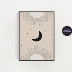 Celestial Sun and Moon Print | Sun Moon Stars Wall Art | Modern Art | Boho Decor | Neutral Boho Wall Art | Witchy Decor | Digital Download