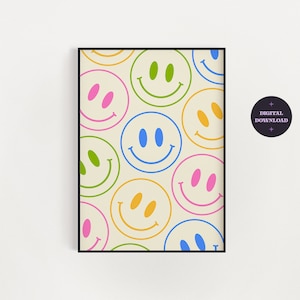Colourful Smiley Face Wall Art | Retro Print | Preppy Wall Art | Preppy Decor | Colourful Print | Dorm Room Decor | Digital Download
