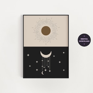 Boho Celestial Sun, Moon and Stars Print | Neutrale Boho Wandkunst | Moderne Kunst | Himmlisches Dekor | Himmlische Wandkunst | Digitaler Download