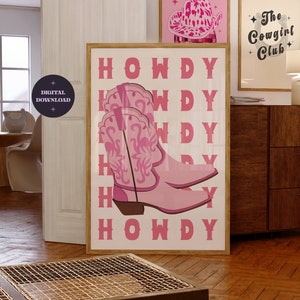 Pink Cowgirl Boots Printable Art, Pink Cowboy Poster, Pink Preppy Wall Art, Howdy Print, Western Wall Art, Trendy Prints, DIGITAL DOWNLOAD