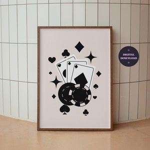 Trendy Retro Spielkarte Poster zum ausdrucken, Poker Poster zum ausdrucken, lustige adrette Wandkunst, funky Wohnung Dekor, Retro ästhetisches Dekor, DIGITALER DOWNLOAD