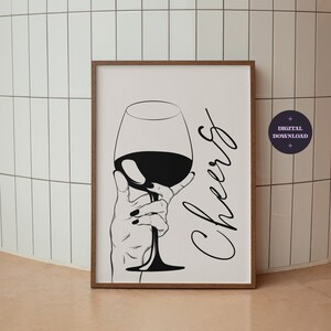 Trendy Wall Print Glasses Cheers, Wine Poster Trendy, Funky Bar Cart Print, Apartment Decor Neutral Minimalist Wine Poster, DIGITAL DOWNLOAD