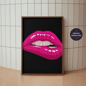 Hot Pink Wall Art Printable, Girly Wall Art, Pink Preppy Wall Art, Lips Maximalist Poster, Retro Pink Decor Funky Wall Art, DIGITAL DOWNLOAD