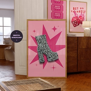 Cartel rosa funky, arte de pared rosa preppy, bota disco de moda, decoración estética de Barbie, arte de pared femenino rosa fuerte, rosa retro, DESCARGA DIGITAL