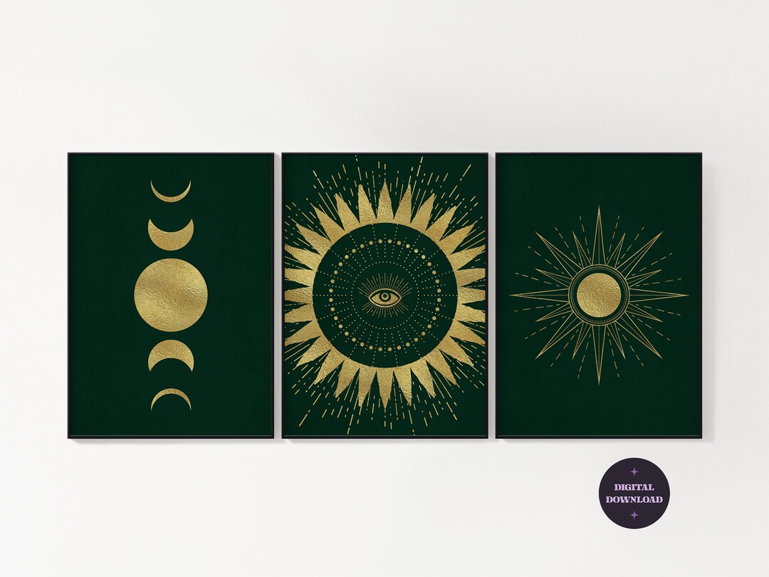 Emerald Green Gold Celestial Set of 3 Prints Celestial Decor Green and