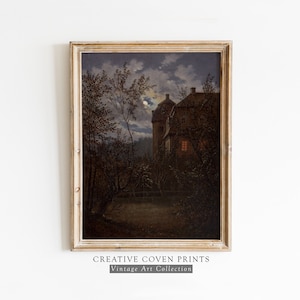 Autumn Moonlight Landscape Painting | Vintage oil Painting | Moody Painting | Gothic Decor | Dark Cottagecore Aesthetic | Digital Download