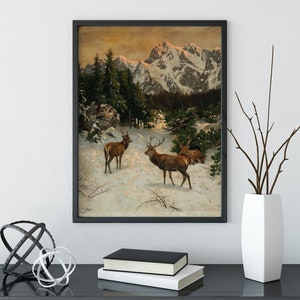 Winter Vintage Landscape Print | Deer Painting Wall Art | Christmas ...