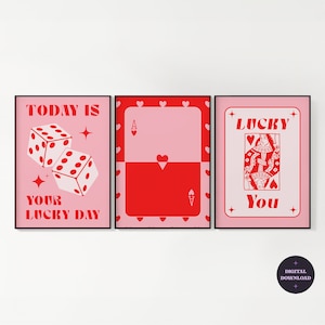 Trendiges 3er-Set Preppy Poster Prints, 3-teilige Wandkunst College Wohnung, rosa rote moderne Wandkunst Spielkarten, DIGITAL DOWNLOAD
