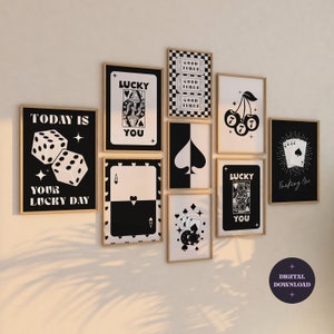 Conjunto de arte de pared retro de moda de 9, Lucky You Playing Card Wall Art, decoración de apartamentos funky, arte de pared estético del dormitorio universitario, DESCARGA DIGITAL