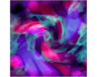 Peut inclure: Art numérique abstrait avec des motifs tourbillonnants dans des tons de rose, violet et bleu. L'arrière-plan est bleu foncé avec un motif circulaire subtil.