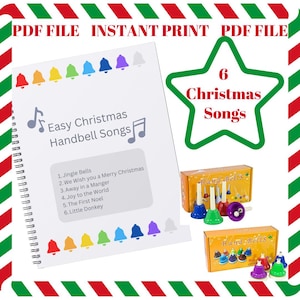 Könnte beinhalten: Ein druckbares PDF-Heft mit sechs einfachen Weihnachts-Handglockenliedern. Der Umschlag zeigt eine bunte Illustration von Handglocken und den Titel "Easy Christmas Handbell Songs". Das Heft wird von zwei Sätzen Handglocken in Schachteln begleitet, einem Satz mit sechs Glocken und einem Satz mit acht Glocken.