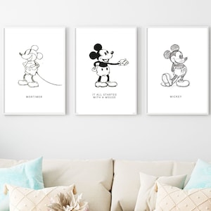 Sketched Mickey Mouse Printable Wall art - Set of 3 - Quote - Modern - Digital - Minimalist - Subtle - Home Decor - Black and white -Vintage