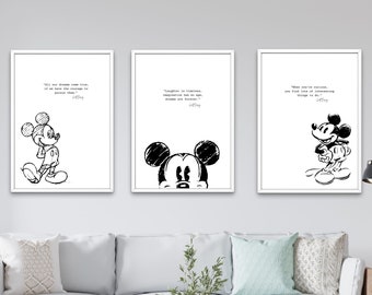 Mickey Mouse Printable Wall art, Set of 3, Nursery print, Digital download, minimalist, Home Decor.  Inspirational quote , Black and white