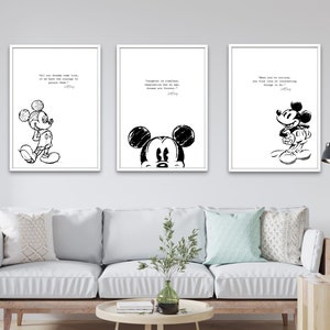 Mickey Mouse Printable Wall art, Set di 3, Stampa nursery, Download digitale, minimalista, Home Decor.  Citazione ispiratrice , Bianco e nero