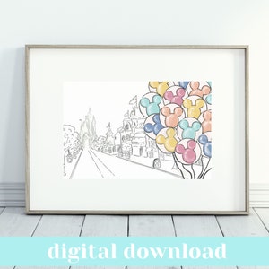 Balloons on Main Street Wall Art - Black and White sketch - Printable Art - Mickey Ears - Castle - Minimalist Home Decor - Quirky Poster