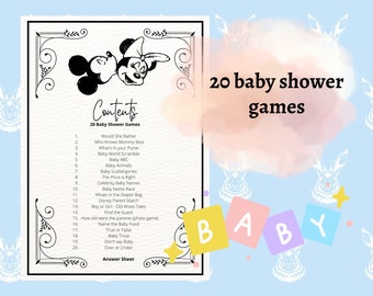 Baby Shower Games Set - 20 games - Mickey Baby Shower - Editable Template Games - Vintage style - Black and White Baby Shower - Printable