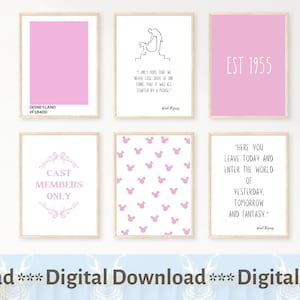 Disneyland Printable Wall art, Set of 6 prints, Pink Nursery girls print, Digital download, minimalist, Home Decor.  Inspirational quote