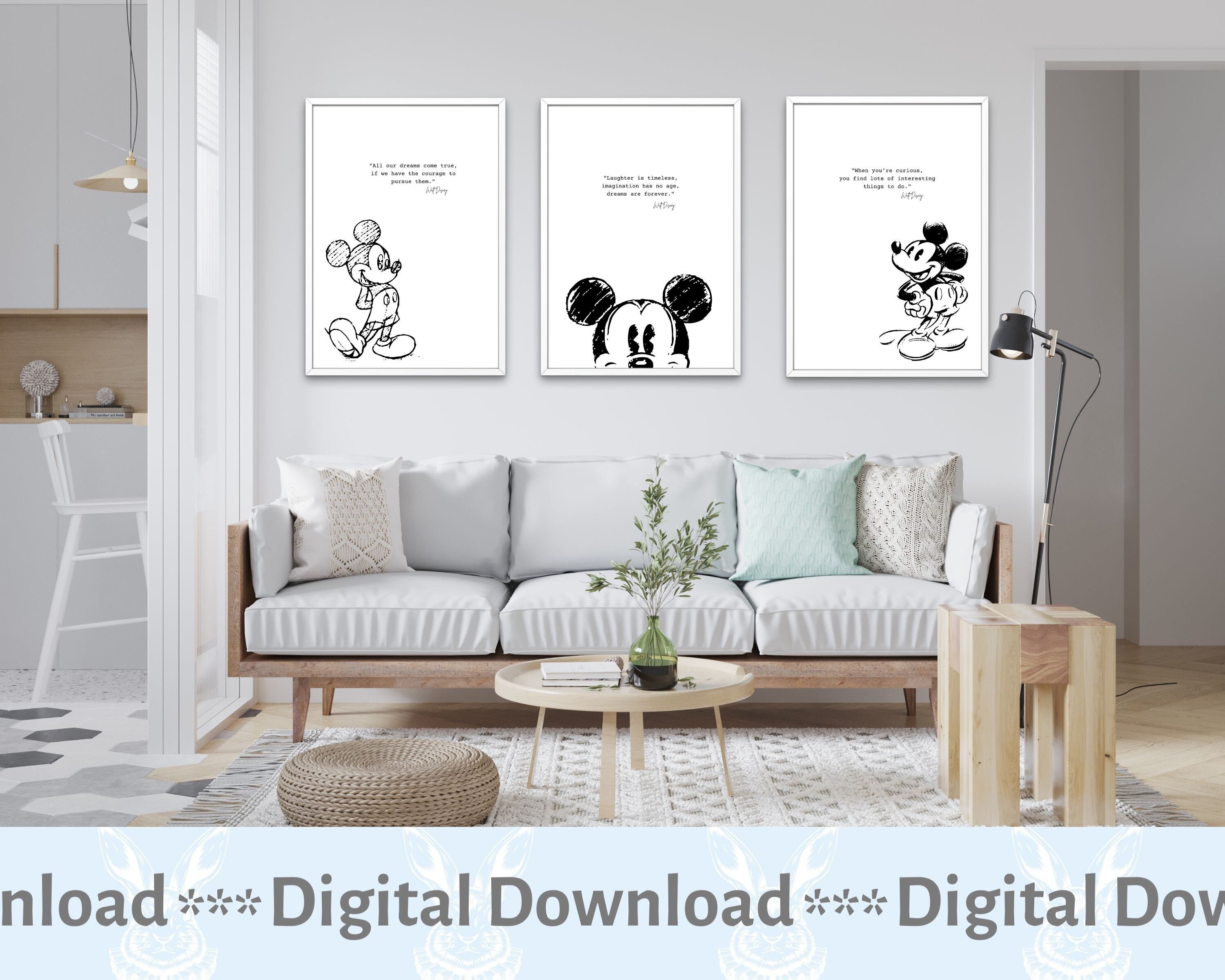 Mickey Mouse Printable Wall Art, Set of 3, Nursery Print, Digital Download,  Minimalist, Home Decor. Inspirational Quote , Black and White 