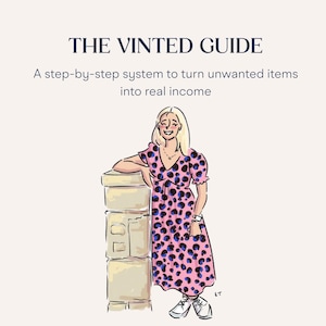 May include: Book cover with the title "FROM CLUTTER TO CASH" and "THE VINTED GUIDE". The cover features an illustration of a woman in a pink dress with blue spots, leaning on a stack of boxes. The author's name, SARAH JOHNSON, is at the bottom.