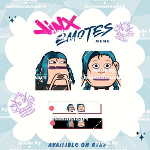 Puede incluir: Impresión de arte digital con emoticonos de Jinx del juego League of Legends. El diseño incluye dos retratos del personaje Jinx con pelo azul, junto con el texto "Jinx Emotes Meme". El fondo es azul claro con elementos decorativos.