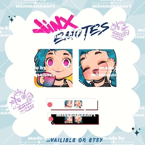Puede incluir: Arte digital con emotes de Jinx del videojuego League of Legends. Los emotes muestran a Jinx con cabello azul y ojos rosados, sosteniendo una taza y saludando. El texto "Jinx Emotes" se muestra en rosa y azul.