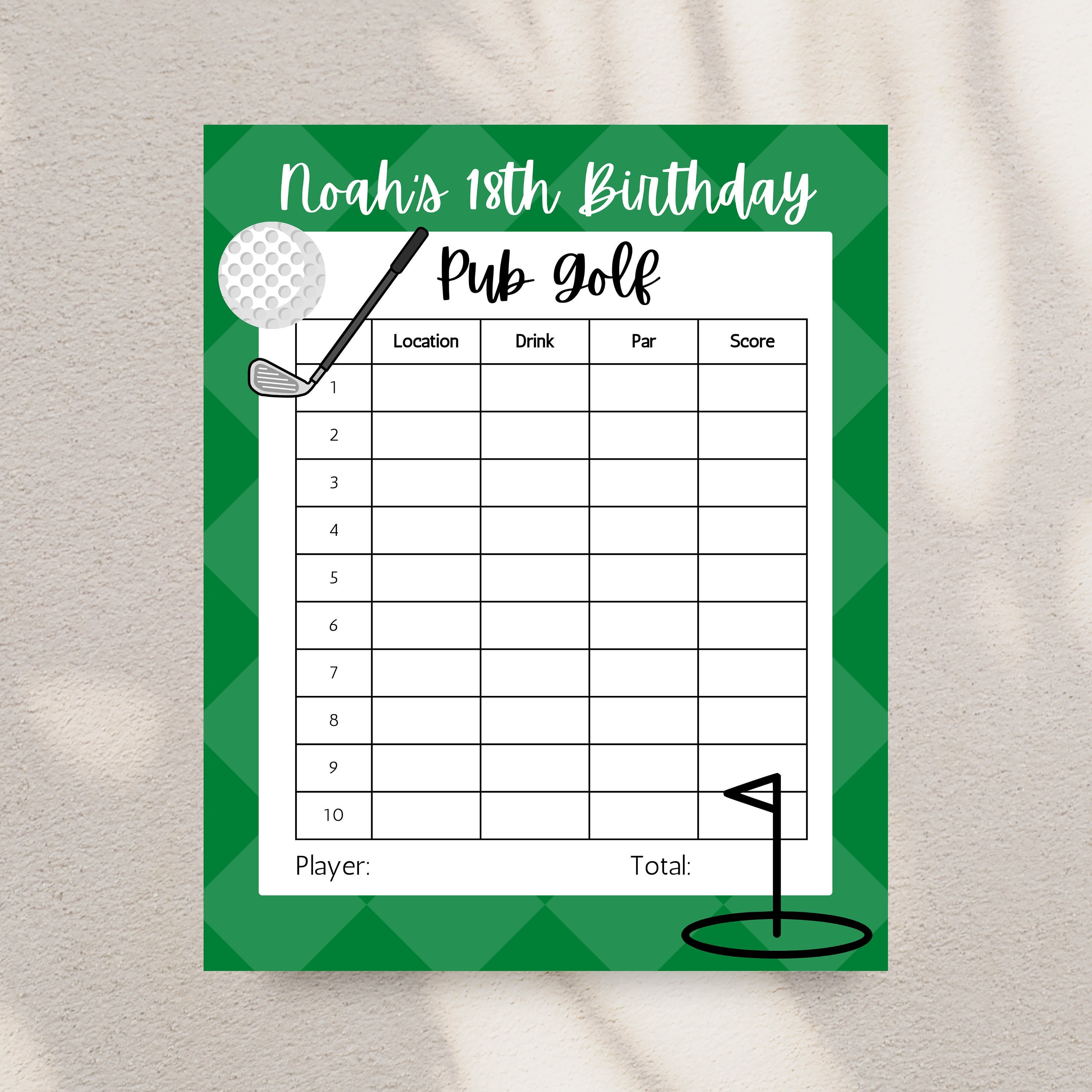 Pub Golf Scorecard Template Green Digital Download Customisable Canva 