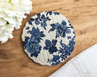 Handmade Blue Floral Quilted Doily, Candle Mat, 7.5 inch