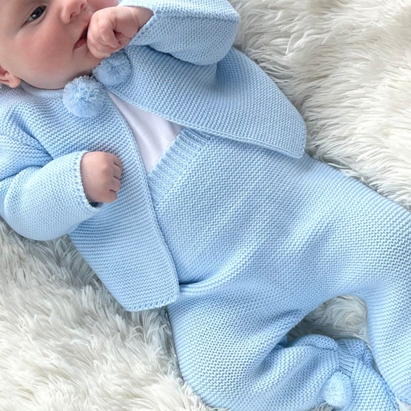 Newborn baby blue knitted pom outfit-baby boy coming home outfit-newborn special occasion outfit-baby Easter set-baby shower gift-newborn