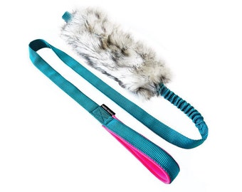 HAUU | MIAUU® MAXI Bungee Long dog tug toy / Teal / Neon Pink Bungee Flexible Handle / faux fur toy / bungee tug toy / strong toy for dog