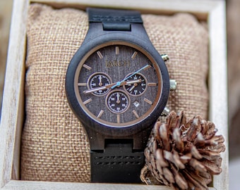 Engraved Wood Watch, Leather Strap, Personalized Gift for Him