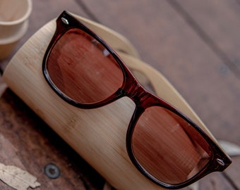 Red Lens Wood Sunglasses, Engraved Bamboo Case