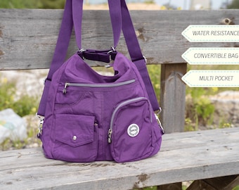 Convertible Backpack Tote, Purple Water-Resistant Nylon, Handmade
