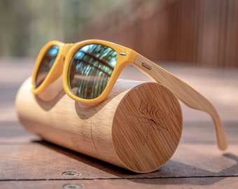 Gele Wayfarer-zonnebril, houten frame, gepersonaliseerd cadeau